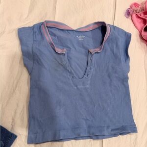 Urban Outfitters Ribbed Blue Tee with Pink Accents